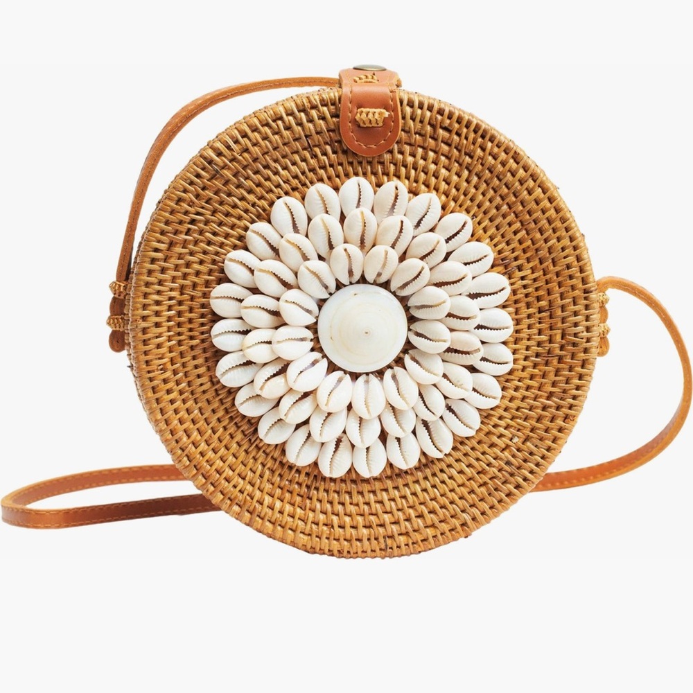 Brown Woven Bag with White Floral shell Design